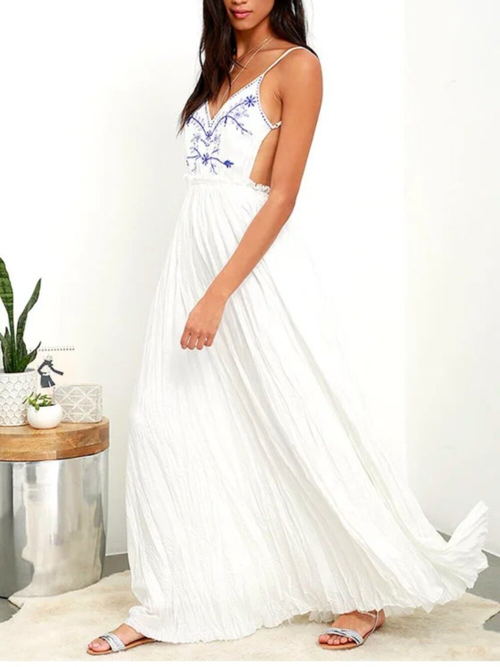 Aesthetic Ivory Embroidered Maxi Dress Lulus Blue Floral Boho Cottagecore Size S